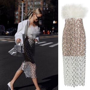 Bronx & Banco Afiyá x Coco Feather Sequin Midi Dress White Silver Size Large NWT